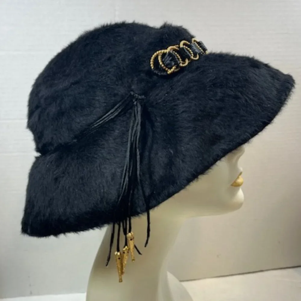 VTG Handmade Black Felt Fur Aileen's Atlanta Bucket Hat Gold Tone Accents